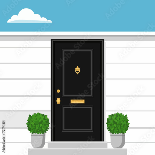 Stylish modern house entrance featuring an elegant black front door with gold hardware, flanked by green potted plants