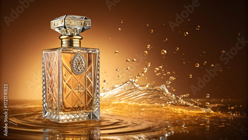 Elegant perfume bottle with water splash on golden background