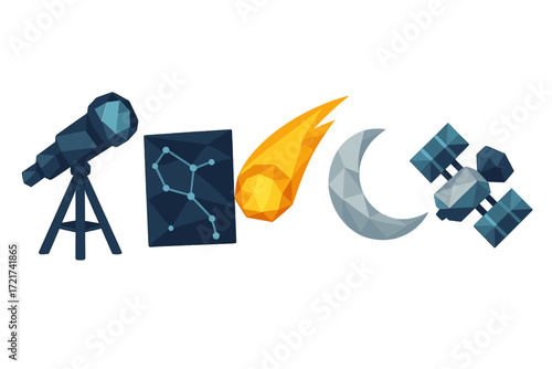 Diverse collection of astronomy and space exploration objects featuring a telescope, constellation map, comet, crescent moon, and satellite