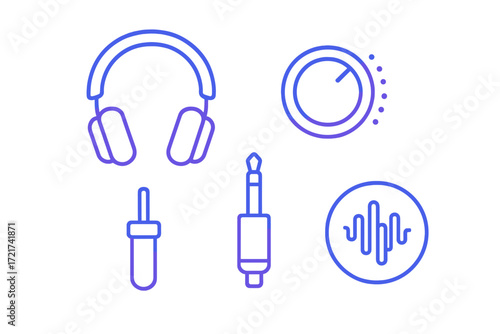 Modern audio equipment icons featuring headphones, sound control knob, and various audio jack connectors with a sound wave
