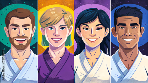Cartoon vector of male and female karate fighters set, martial arts action, combat sports competition, athletic lifestyle, youth training.
