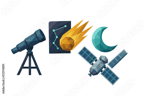 Astronomy and space exploration objects with a telescope, satellite, comet, constellation map, and crescent moon