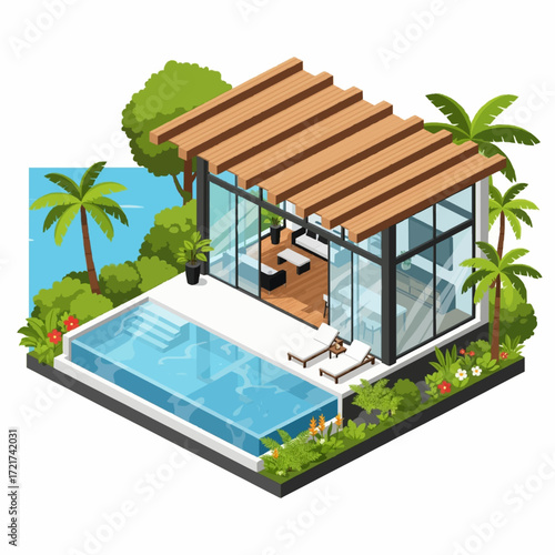 Isometric architectural design of a luxurious modern villa with a glass facade and a swimming pool, nestled in a tropical paradise