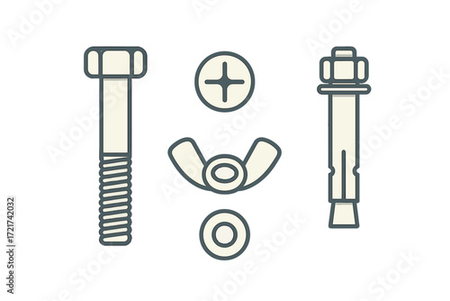 Assortment of common construction hardware elements including bolts, nuts, washers, and anchors for various building and repair tasks