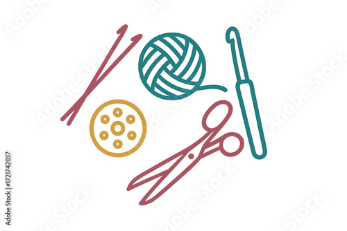 Essential handicraft supplies assortment featuring knitting needles yarn scissors and crochet hook for creative handmade projects