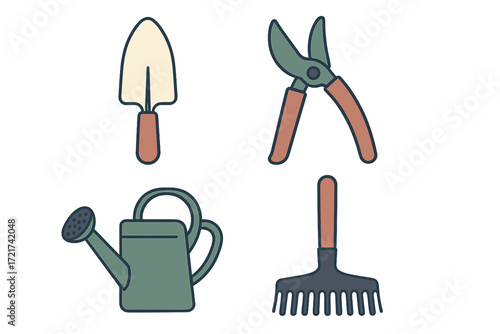 Collection of essential gardening tools including trowel, pruning shears, watering can, and rake for horticulture activities