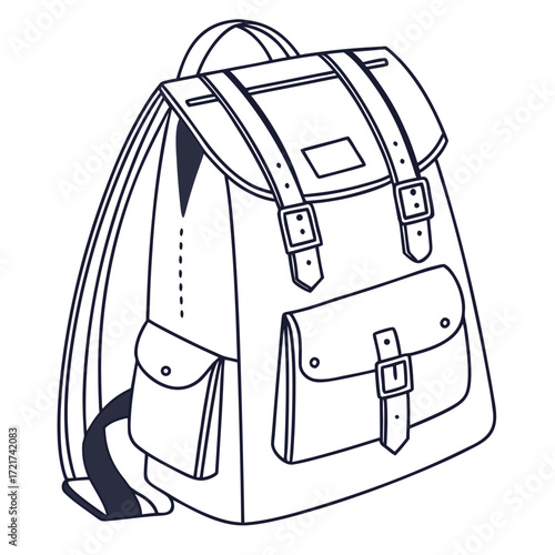 Illustration of a vintage backpack with straps and buckles in a line art style on a white background