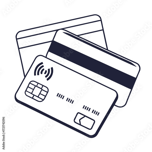 Illustration of two credit cards with contactless payment symbol and magnetic stripe design element