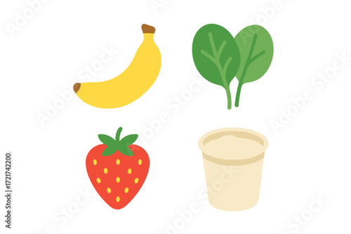 Essential ingredients for a nutritious breakfast or snack, featuring fresh fruit, leafy greens, and creamy dairy