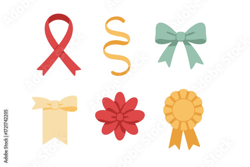 Assortment of festive decorative ribbons, elegant bows, and a golden award rosette for celebration