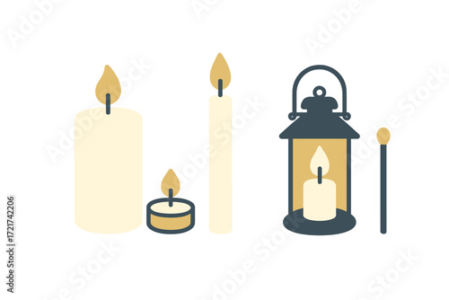 Assortment of illuminated candles including pillar, taper, and tea light, alongside a lit lantern and a matchstick