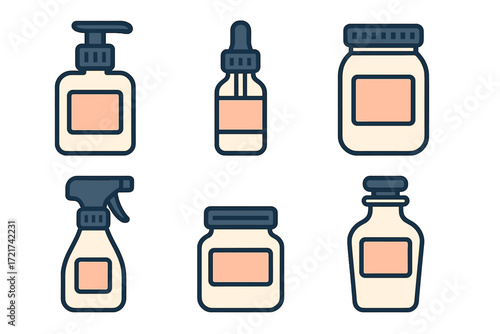Collection of various cosmetic and hygiene product containers including pump bottles, dropper, spray, and jars for beauty and personal care