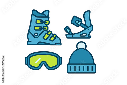 Winter sports equipment set including ski boot, snowboard binding, goggles, and warm hat for cold weather activities