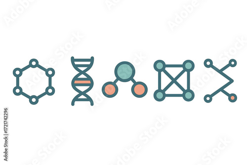 Diverse scientific and data connection concepts with molecular structures, DNA, and network diagrams for technology and biology