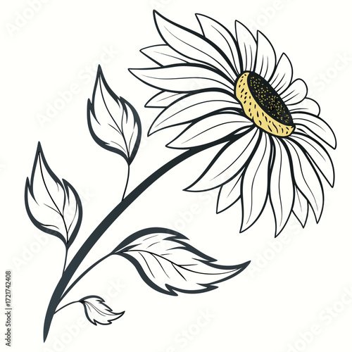 Illustration of a sunflower with detailed petals and leaves on a long stem with a yellow center