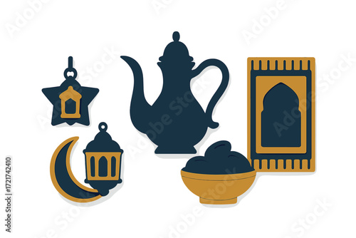 Islamic religious symbols and objects for Ramadan celebration including lanterns, dates, coffee pot, and prayer mat