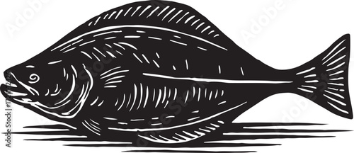 Black and white woodcut illustration of a flatfish or flounder swimming with detailed lines and textured markings