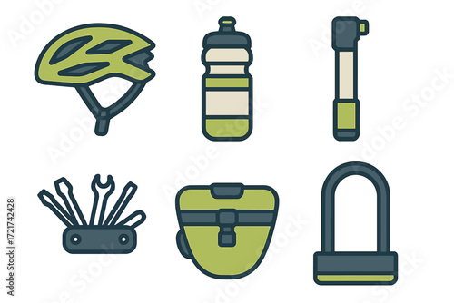 Cycling safety and maintenance equipment set with helmet, water bottle, pump, multi-tool, saddle bag, and security lock