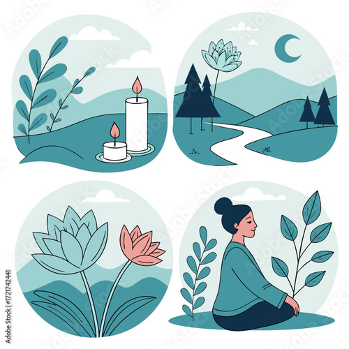 Various scenes including candles, nature landscapes, flowers, and a meditating woman in four circles