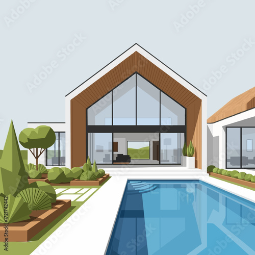Contemporary residential architecture featuring a private swimming pool and a minimalist, landscaped garden in a modern vector illustration