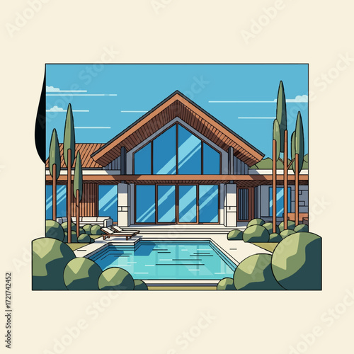 Contemporary dream home with large glass windows, a poolside patio, and elegant landscaping. Modern luxury living illustration