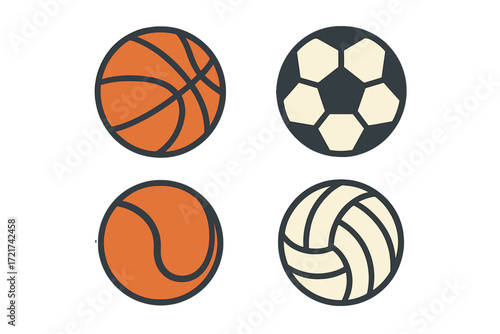 Collection of various athletic game balls for popular sports like basketball, soccer, tennis, and volleyball