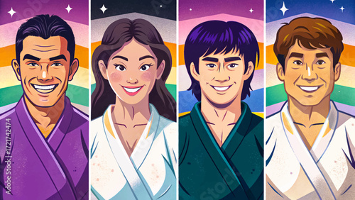 Cartoon vector of male and female karate fighters set, martial arts action, combat sports competition, athletic lifestyle, youth training.