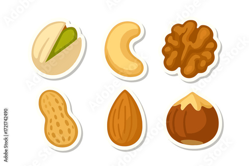 Assortment of delicious healthy snack nuts including pistachio cashew walnut peanut almond hazelnut with white outline