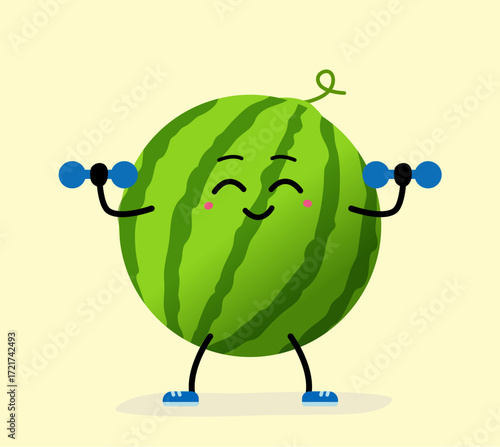 A cute, strong watermelon. The concept of classes in the gym with the image of watermelon, health, fitness. Vector illustration in flat style.