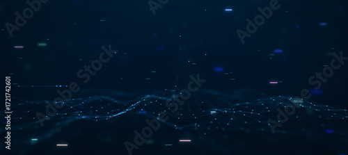 Abstract visualization of a digital network with glowing nodes and connecting lines forming a wave pattern on a dark futuristic background.