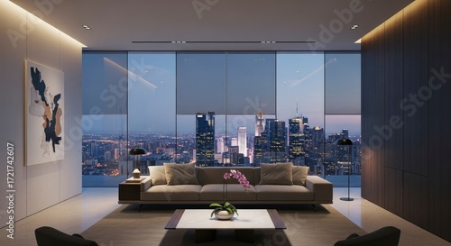 Modern living room with city view at night