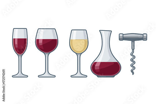 Elegant collection of wine glasses, decanter, and corkscrew for beverage, dining, and celebration concepts, isolated on white