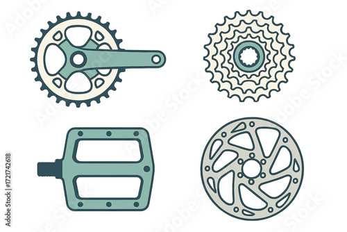 Essential bicycle drivetrain and braking components set with crankset, cassette, pedal, and disc brake rotor