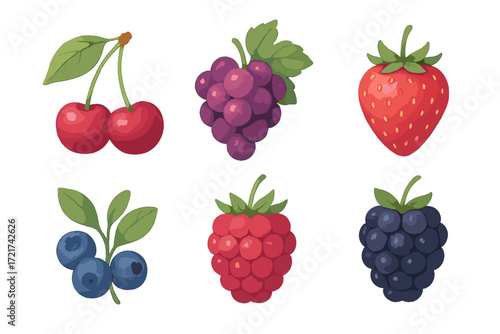 Collection of fresh ripe berries including cherries grapes strawberries blueberries raspberries and blackberries