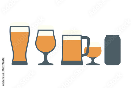 Assortment of beer glasses including pilsner, snifter, mug, and goblet alongside an aluminum can filled with golden liquid and white foam
