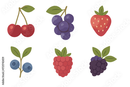 Vibrant assortment of fresh ripe berries including cherries, blueberries, strawberries, raspberries, and blackberries