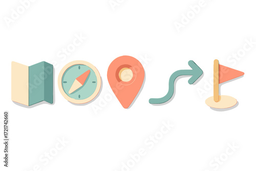 Essential navigation symbols for travel and exploration: folded map, compass, pinpoint, winding path, and finish flag
