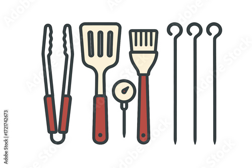 Essential barbecue grilling tools set including tongs spatula brush thermometer and skewers for outdoor cooking