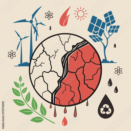 Illustration depicting environmental issues with cracked earth and renewable energy sources around it