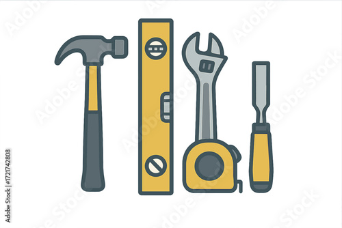 Essential hand tools for various repair and building tasks: hammer, spirit level, adjustable wrench, and chisel
