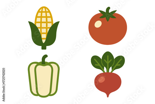 Stylized collection of fresh corn, ripe tomato, vibrant green bell pepper, and earthy red radish vegetables for healthy eating concepts
