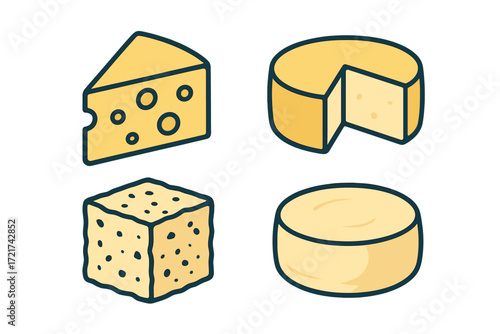 Assortment of various cheese types including wedges, blocks, and whole wheels with different textures and forms, dairy products