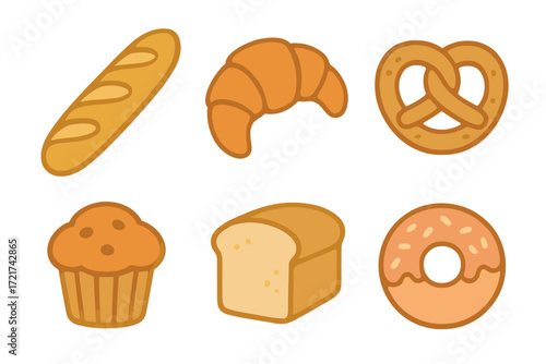 Assortment of freshly baked goods including a baguette, croissant, pretzel, muffin, loaf of bread, and a donut