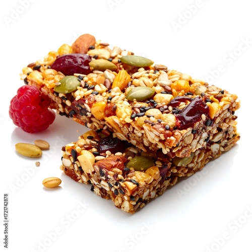 Two granola bars, berries and seeds
