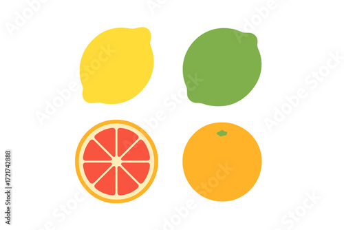 Bright and fresh citrus fruit collection with whole lemon, lime, orange, and a vibrant sliced grapefruit