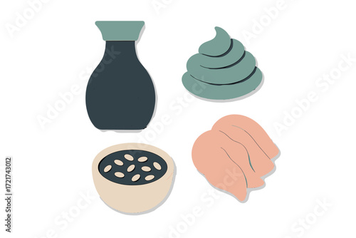 Stylized soy sauce bottle, wasabi paste, rice bowl with beans, and ginger slices for traditional Asian food preparation and serving