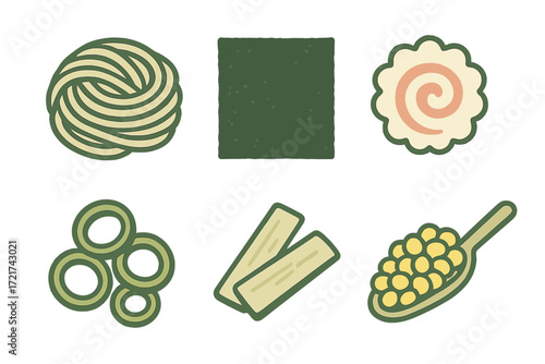 Japanese food ingredients and toppings: ramen noodles, nori seaweed, narutomaki, bamboo shoots, scallions