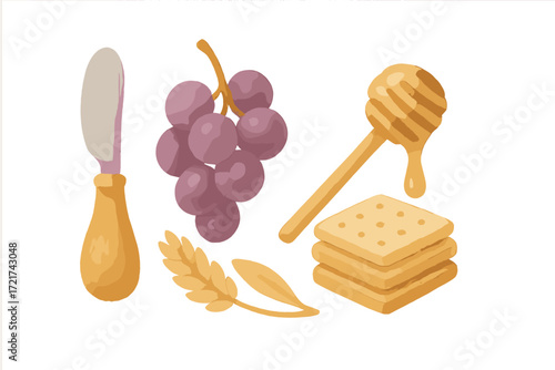 Delicious breakfast and snack elements including fresh grapes, golden honey dipper, crisp crackers, wheat, and butter knife