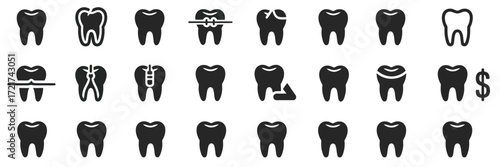 Black and White Dental Icon Set,  Line Art Symbols Featuring Oral Care Tools, Teeth, Braces, Hygiene, Clinics, Dentistry Equipment, and Professional Medical Vector Graphic Design Elements