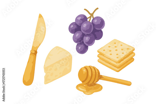 Assortment of gourmet snack items including cheese knife grapes crackers honey dipper and cheese wedge